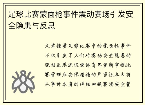 足球比赛蒙面枪事件震动赛场引发安全隐患与反思